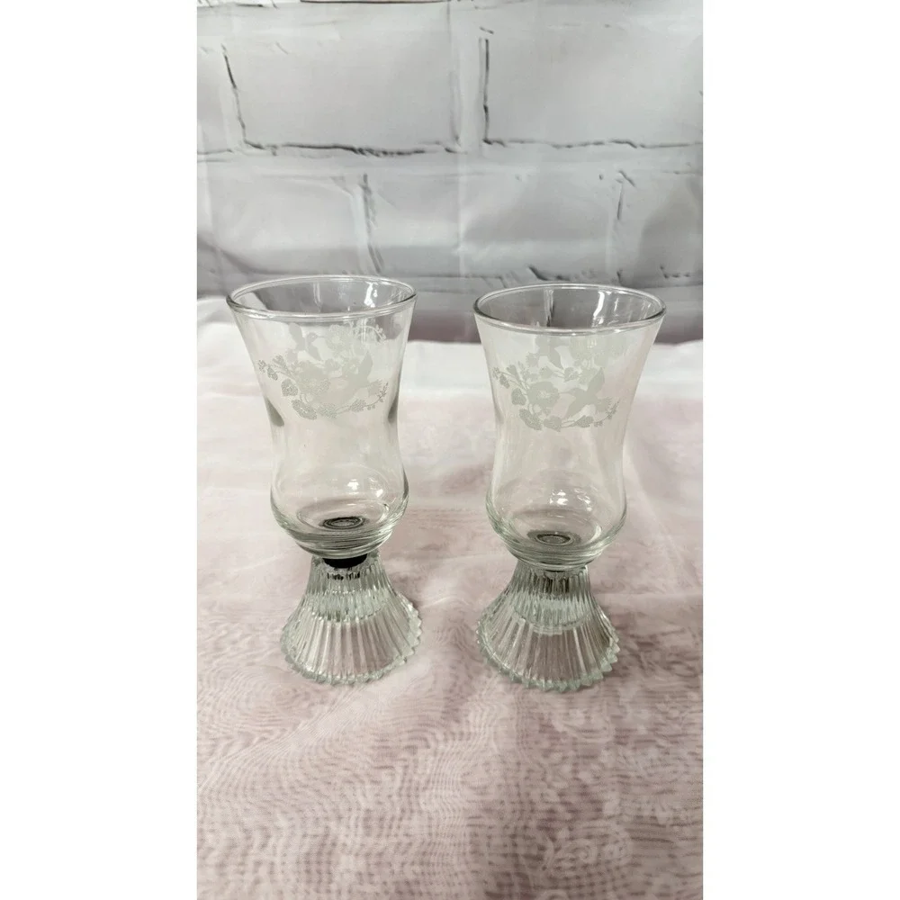 Vintage Etched Hummingbird Wine/Water Glasses Set of 4 7.5 Inches & 2 Votives